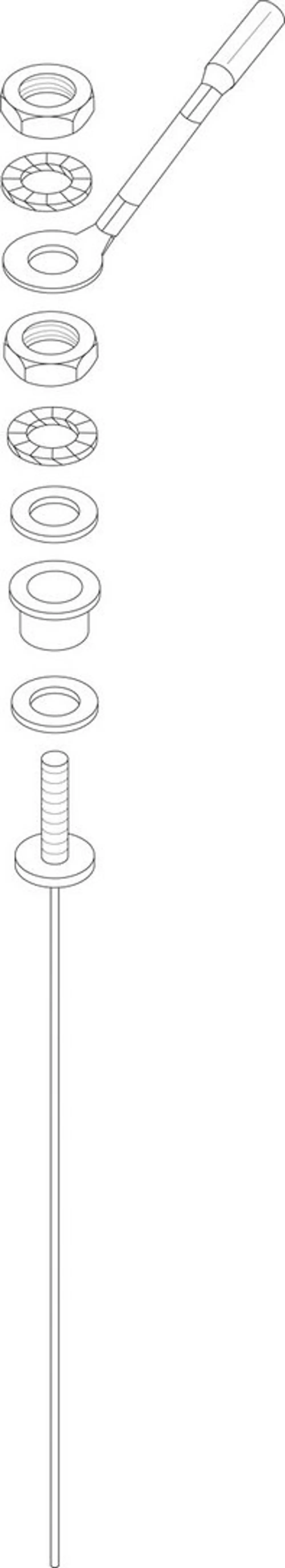 Zeichnung von Montagekomponenten, einschließlich einer Anode, Unterlegscheiben und Muttern, die für Bosch-Produkte verwendet werden können.